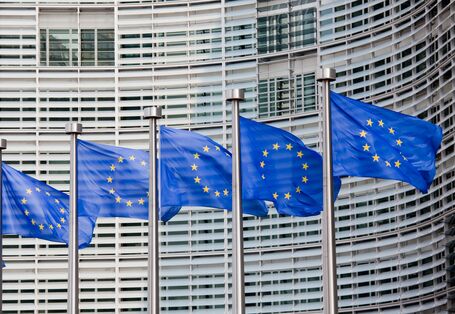 EU-Fahnen vor Gebäudefassade