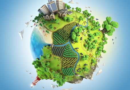 stilisierte Erdkugel, auf der Landschaften und Städte überhöht dargestellt sind