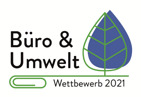Logo des Wettbewerbs Büro und Umwelt: Titel des Wettbewerbs, ein Blatt sowie eine Büroklammer abgebildet