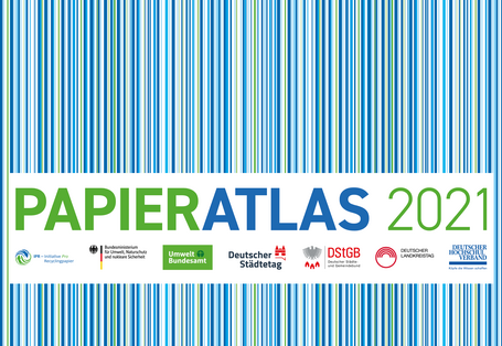 Logo des Papieratlas 2021 mit der Aufschrift des Wettbwerbs und senkrechten blauen, grünen und weißen Streifen