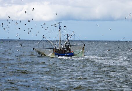 Kleines Fischerboot mit ausgelegten Netzen auf dem Meer.