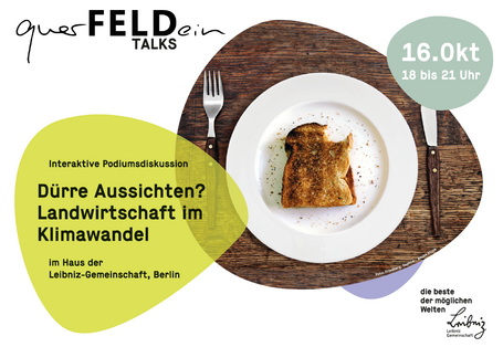 Bild für die interaktive Podiumsdiskussion Dürre Aussichten? Landwirtschaft im Klimawandel und zeigt neben dem Schriftzug ein Gedeck bestehend aus Gabel, Teller und angebissenem Toast 