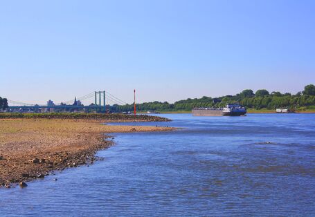 Binnenfrachtschiff auf Fluss mit Niedrigwasser.