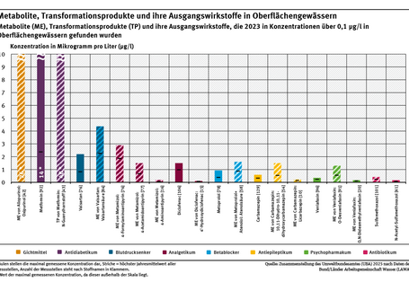 Diagramm: Im Jahr 2023 haben die Bundesländer in deutschen Oberflächengewässern 13 verschiedene Metabolite und 1 Transformationsprodukt in Konzentrationen über 0,1 µg/l gemessen. Die Ausgangswirkstoffe gehören zu 8 verschiedenen pharmazeutischen Gruppen. Aufgrund der hohen Metabolisierung sind nicht von allen Metaboliten die Ausgangswirkstoffe in der Umwelt noch nachweisbar. Die Säulen stellen die maximal gemessene Konzentration und die Striche den höchsten Jahresmittelwert aller Messstellen dar.