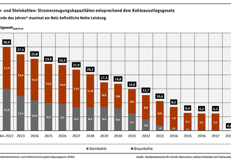 Die Abbildung zeigt ein Balkendiagramm in der die Säulen die Stromerzeugungskapazität von Braun- und Steinkohlenkraftwerken in MW darstellten. Auf der x-Achse stehen die Jahre von 2022 bis 2038, dies entspricht dem Zeitraum der Außerbetriebsetzung der Kraftwerke gemäß Kohleausstiegsgesetz.