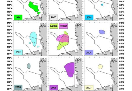 Seit 1981 traten fast in jedem Jahr Sauerstoffmangelgebiete unterschiedlicher Ausdehnung in der Deutschen Bucht auf. Die Lage der Gebiete ist variabel.