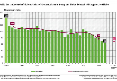 Ein Diagramm zeigt den zeitlichen Verlauf des Stickstoffüberschusses zwischen 1990 und 2022 für Einzeljahre und im gleitenden 5-Jahresmittel. Erkennbar ist eine Abnahme im 5-jährigen Mittel von 117 auf 77 Kilogramm Stickstoff pro Hektar und Jahr. Das Ziel für 2028-2032 sind 70 Kilogramm Stickstoff pro Hektar und Jahr.