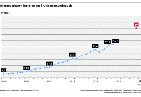 Ein Diagramm zeigt den Anteil erneuerbarer Energien am Bruttostromverbrauch. Dieser stieg zwischen 2000 und 2024 fast kontinuierlich von 6,3 % auf 54,1 %. 