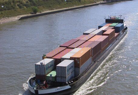 Ein großes Containerschiff fährt bei Sonnenschein auf dem Rhein