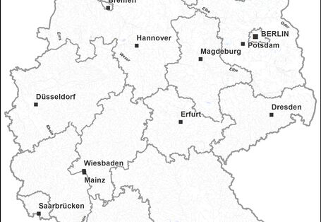 Grafische Deutschlandkarte auf der die Flüsse in Alpennähe Blau markiert sind.