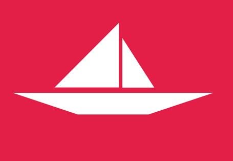 Die grafische Silhouette eines weißen Bootes vor rotem Hintergrund.