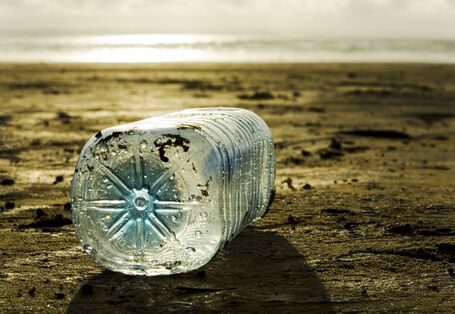 Eine Plastikflasche liegt am Strand.