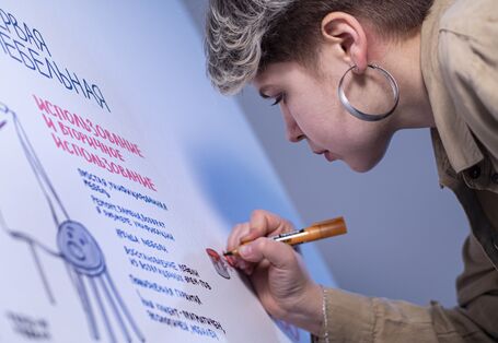 Eine Frau schreibt etwas auf einen Flipchart.