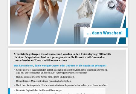 Vorderseite Fotoserie. 1. Hand die Creme auf einem Knie aufträgt, 2. Hände werden mit Papiertuch abgewischt, 3. Papiertuch wird in Mülleimer entsorgt, 4. Hände werden mit Seife gewaschen. Rückseite Texte.