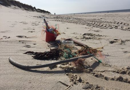 Müll liegt am Sandstrand, vor allem Plastik- und Fischereimüll. 