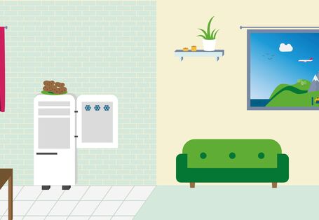 Eine Wohnung grafisch dargestellt mit Kühlschrank, Sofa und anderen Möbeln.