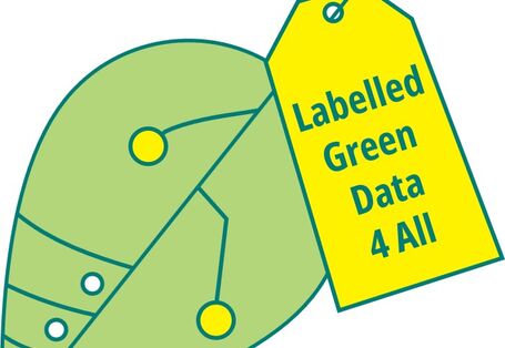 Logo des Forschungsvorhabens, grünes Blatt mit einem gelben Label, das den Titel des Forschungsvorhabens „LabelledGreenData4All“ enthält