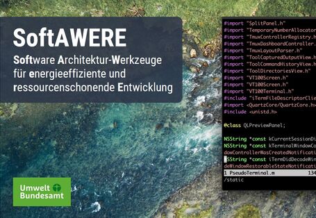 Programmcode im Programmierfenster vor Flusslauf und neben SoftAWERE-Logo