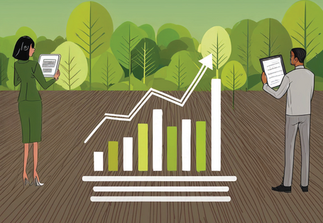 Zwei Menschen blicken auf einen Bildschirm, in der Mitte des Bildes ist ein Diagramm zu sehen.