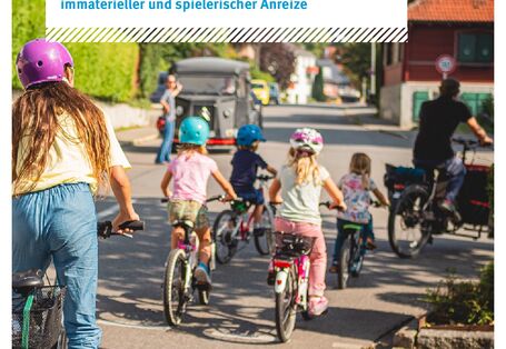 Zwei Erwachsene sowie vier Kinder fahren mit Fahrrädern auf der Straße