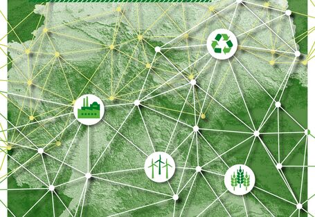 grüne Deutschlandkarte mit Symbolen und Liniennetz überzogen