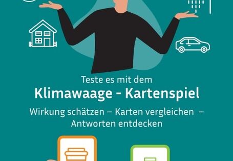 grafische Abbildung eines Menschen mit thematischen Icons um ihn herum. Hände halten Spielkarten hoch.