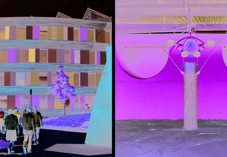 Zwei Bilder zeigen das UBA-Dienstgebäude in Dessau und ein Filmstill aus der Fließgewässersimulationsanlage