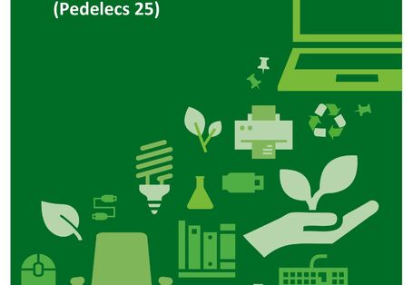 grüner Hintergund mit verschiedenen Icons aus dem Bürobereich, wie Bürostuhl, Laptop, Tastatur usw.