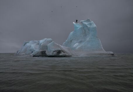 Eisberg im Meer auf dem eine Schattenfigut steht