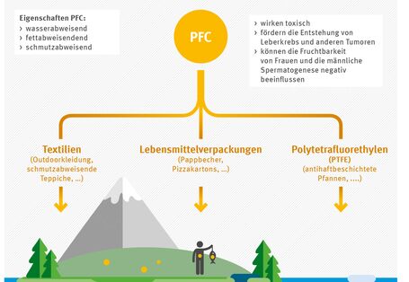 Grafik wo PFC überall zu finden ist. Zum Beispiel in Textilien und Lebensmittelverpackungen. So gelangt PFC in die Böden, die Flüsse, die Meere und die Nahrungskette bis auf unseren Teller.