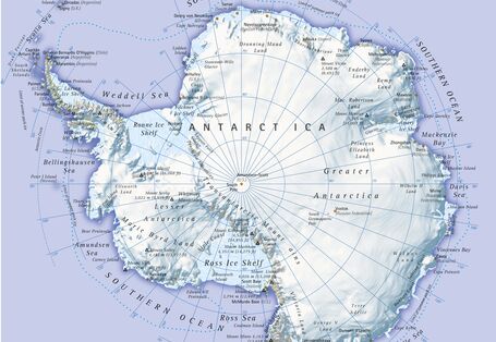 Abgebildet ist eine Karte der Antarktis. 