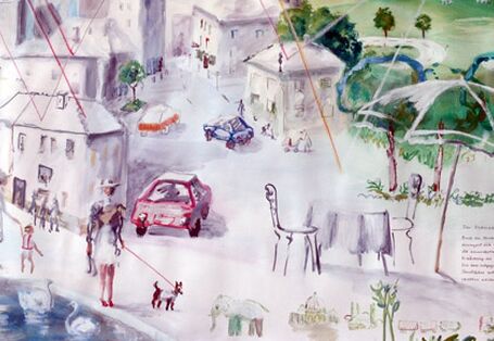 Malerei die ein Stadtszenario abbildet, die Darstellung zeigt den unterschiied zwischen Natur und dem naturfreien Stadtalltag