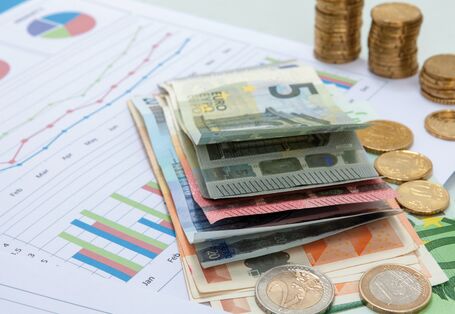 The picture shows a printout illustrating various charts. A pie chart, a line chart and a bar chart are visible on a sheet of A4 paper. On top of the sheet is a stack of Euro notes and a 2-Euros coin. It is possible to make out a pile of additional coins on the edge of the picture.