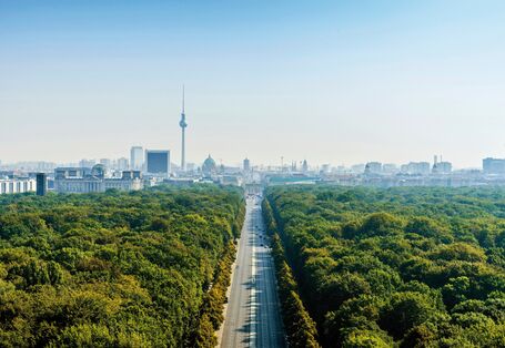 The picture shows an aerial photograph of the ‘Straße des 17. Juni’, a street commemorating the building of the Berlin Wall (the anniversary of German unification takes place annually on 17th June). To the right and left of this street, you can see the canopy of trees in the Große Tiergarten park. The city’s silhouette is visible in the picture’s horizon, including the Reichstags building, tv tower, cathedral and the Brandenburg Gate.