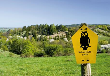 Das Bild zeigt das in den ostdeutschen Ländern übliche Schild zur Ausweisung eines Naturschutzgebiets. Es zeigt eine schwarze Eule auf gelbem Grund. Das Schild steht an einer Wiese, hinter der sich ein in Teilen bewaldeter Hühel erhebt.