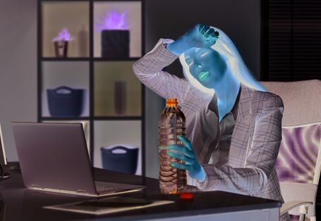 Das Bild zeigt eine Frau mit Bluse und Blazer vor einem Laptop in einem Büro sitzend. In ihrer linken Hand hält sie eine geöffnete Wasserflasche, mit dem rechten Arm wischt sie sich den Schweiß von der Stirn. Die Frau hat die Augen geschlossen und macht einen erschöpften Gesichtsausdruck.