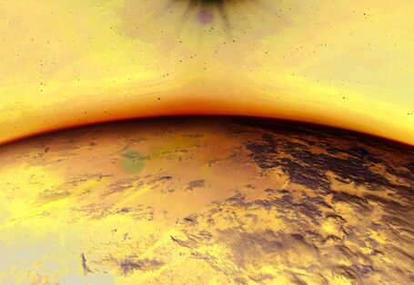 The picture shows a section of a satellite photograph of the Earth. In the upper margin of the photograph is a radiant sun. On the Earth, clouds and a deep-blue ocean are visible.