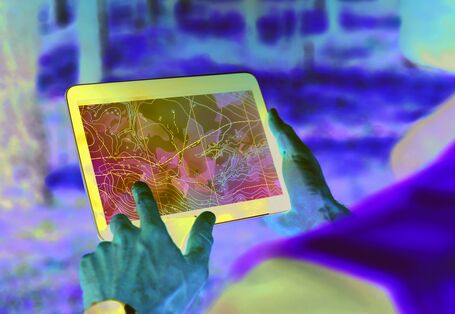 The picture shows hands holding a Tablet with the screen showing a map with contour lines as well as other markings. In the blurred background of the picture it is possible to see that the person holding the Tablet is standing in a wood.