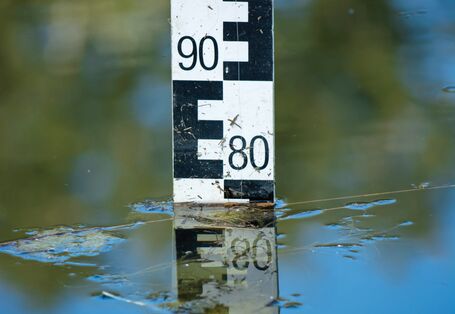The picture shows the tip of a level meter in a calm body of water. 