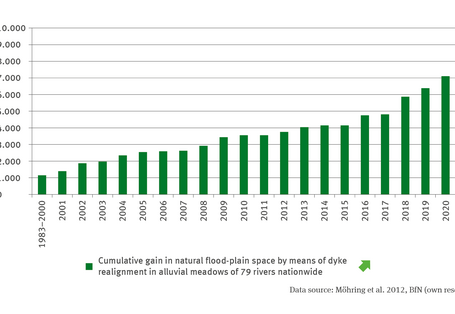 The illustration BD-R-2 ’Restoration of natural flood plains’ contains a bar chart demonstrating the restoration of natural flood plains by means of dyke realignment in the period of 1983/2000 to 2020. For 2020 a cumulative areal gain of slightly more than 7,000 hectares is shown. The time series shows a significantly rising trend.