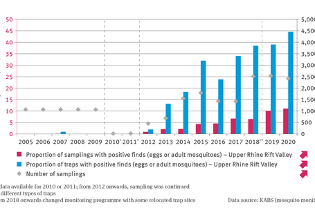 The illustration GE-I-5 ’Pathogen vectors – case study’ contains a biaxial chart. A bar chart is used to indicate – for the years from 2005 to 2021 – the proportion of samplings and traps with positive finds of the Tiger Mosquito (eggs or adult mosquitoes) in the Upper Rhine Rift Valley in per cent. The annual number of samplings is shown by means of dots. The chart contains three methodological breaks marked by dotted lines.