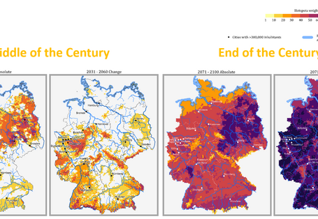 A map of Germany shows regions with many climate extremes in the future or with strong changes in climate parameters relative to today.