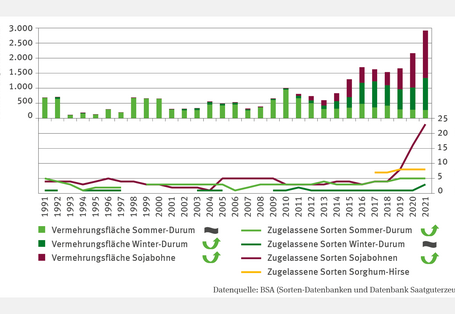 Die Abbildung LW-R-2 "Sorten und Vermehrung wärmeliebender Ackerkulturen" zeigt die Anzahl der zugelassenen Sorten von Sommer-Durum, Winter-Durum, Sojabohnen und Sorghum-Hirse (1991–2021). Die Zahl der zugelassenen Sorten ist gestiegen, bei Sojabohnen und Sommer-Durum signifikant. 2021 waren knapp 25 Sojabohnensorten zugelassen. Die Vermehrungsfläche für Winter-Durum und Sojabohne wuchs signifikant auf etwa 1.000 bzw. 1.500 Hektar, während die Fläche für Sommer-Durum konstant blieb.