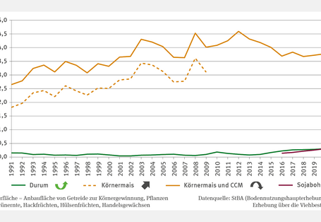 Das Liniendiagramm LW-R-4 "Anbau wärmeliebender Ackerkulturen" zeigt die Entwicklung des Anteils von Durum, Körnermais, CCM und Sojabohnen an der Ackerfläche von 1991 bis 2021. Körnermais und CCM nahmen bis 2012 zu, danach signifikant ab und erreichten 2021 etwa 4 %. Der Anbau von Durum ist signifikant steigend und lag 2021 bei knapp 0,4 %. Sojabohnen hatten ebenfalls einen Anteil von knapp 0,4 %, für eine Trendberechnung ist die Zeitreihe zu kurz.