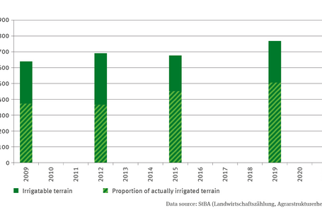 The bar chart illustrates the irrigatable terrain and the relevant proportion of actually irrigated terrain in thousand hectares for the years of 2009, 2012, 2015 and 2019. In 2019 the irrigatable terrain reached its highest value with just under 800,000 hectares. The proportion of terrain actually irrigated in the same year was also the highest to date. It amounted 500,000 hectares.
