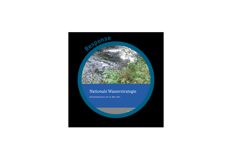 The picture shows the title page of the National Water Strategy. A photograph shows the bank of a stream or brook which is in spate. Underneath, white writing on a dark-blue background reads ’National Water Strategy – Cabinet decision dated 15th March 2023’.