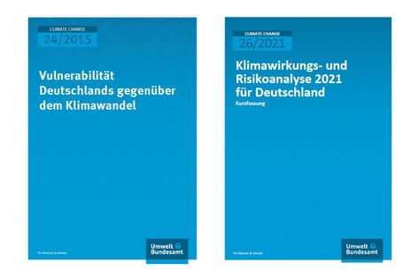 Abbildung der Titelblätter der Vulnerabilitätsanalyse 2015 und der KWRA 2021 vom Umweltbundesamt.