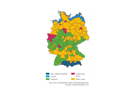 The illustration ’Wider tourism areas in Germany’ contains a map of the travel areas in Germany showing five individual wider tourism areas in aggregated form.. Alps with alpine foothills, coasts and urban areas are regions characterised by very specific properties. The uplands and other areas are heterogeneous and extensive. 