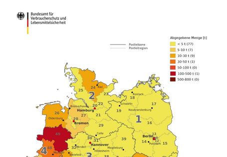 Deutschlandkarte, Postleitzahlenbereiche eingefärbt (gelb bis dunkelrot) nach Abgabe-mengen von Antibiotika in der Tiermedizin. 