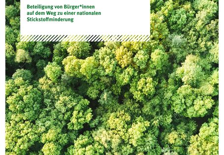 Titelseite der Fachbroschüre "STICKSTOFF: ZU VIEL DES GUTEN! Beteiligung von Bürger*innen auf dem Weg zu einer nationalen Stickstoffminderung"